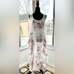 100% Italian Linen Floral Sleeveless Dress Beyond Capri OS